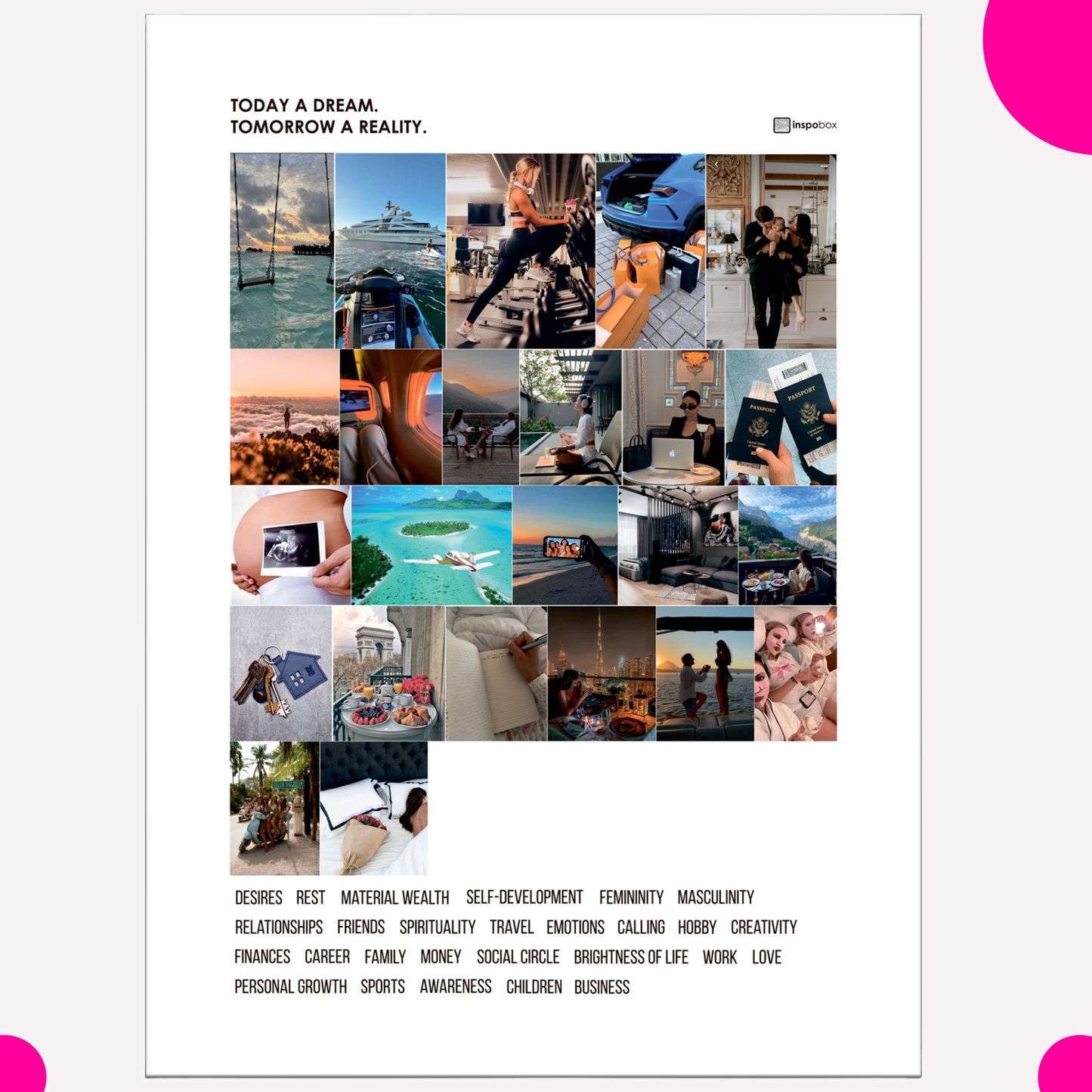Ferdigsett: Inspobox™ VISION BOARD på Akrylglass | 500x370 mm (hvit) + 5 sett med klistremerker (116 klistremerker) + Glasstusj