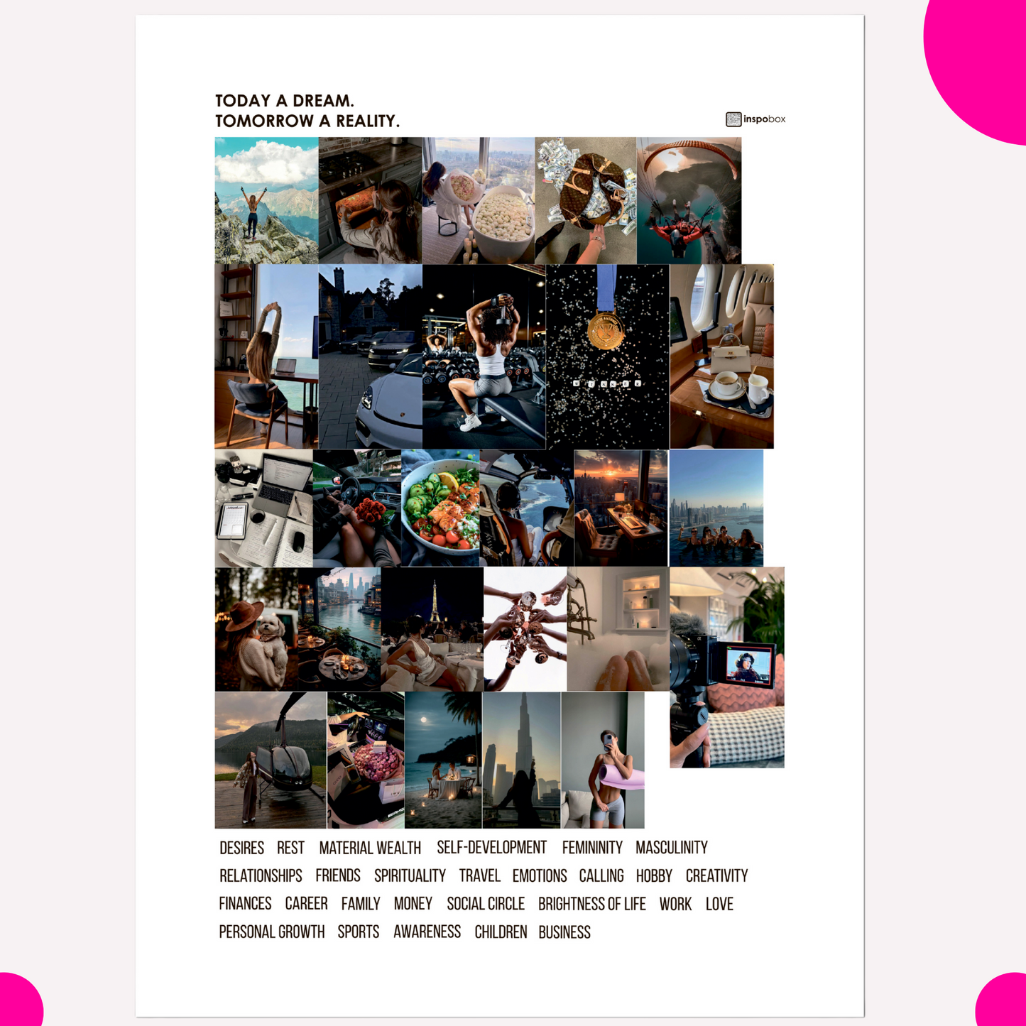 Ferdigsett: Inspobox™ VISION BOARD på Akrylglass | 500x370 mm (hvit) + 5 sett med klistremerker (116 klistremerker) + Glasstusj