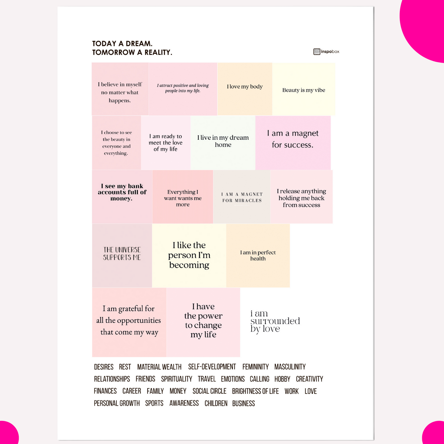 Ferdigsett: Inspobox™ VISION BOARD på Akrylglass | 500x370 mm (hvit) + 5 sett med klistremerker (116 klistremerker) + Glasstusj