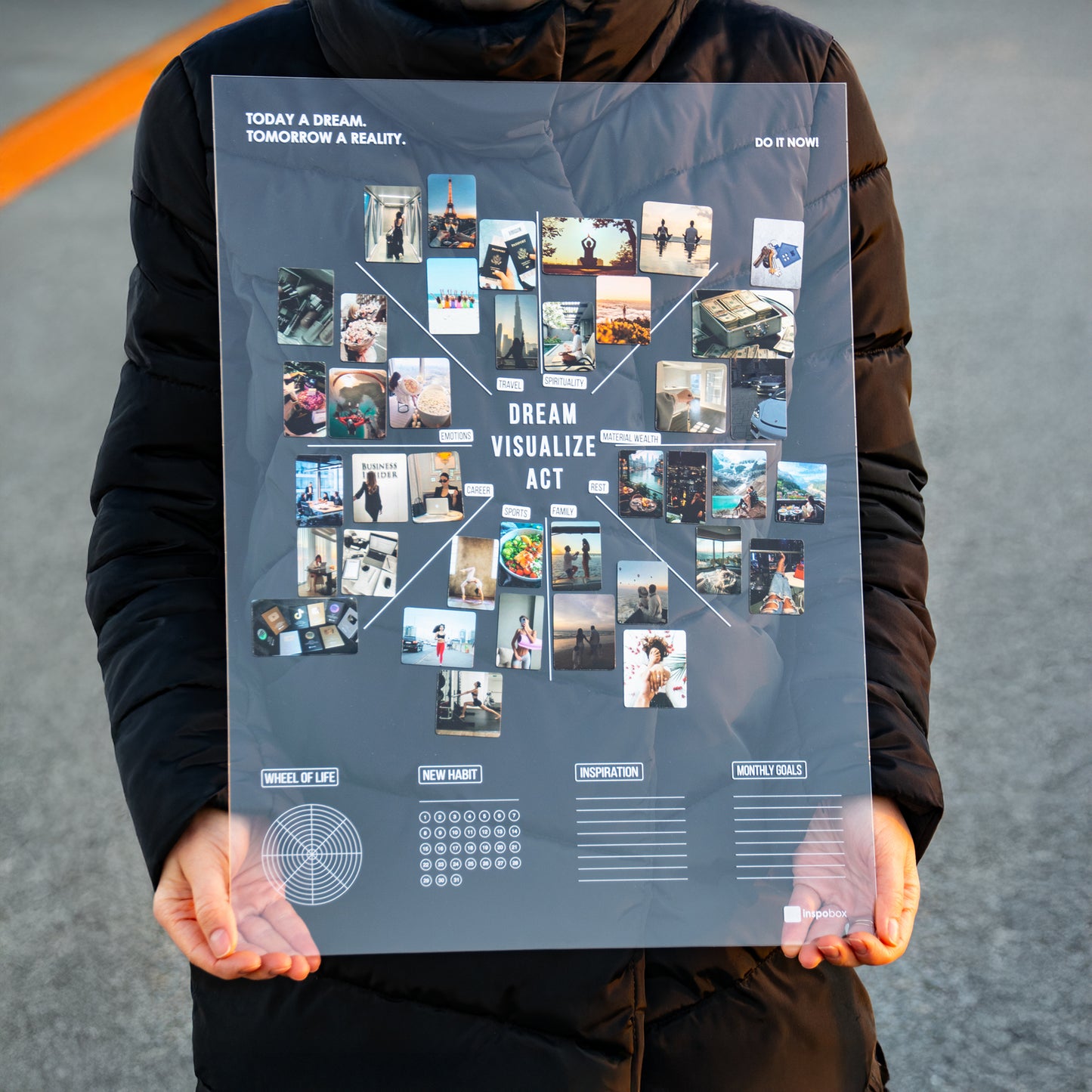 Inspobox™ Vision Board On Acrylic Glass | white 500x370 mm (without stickers) + Glass marker