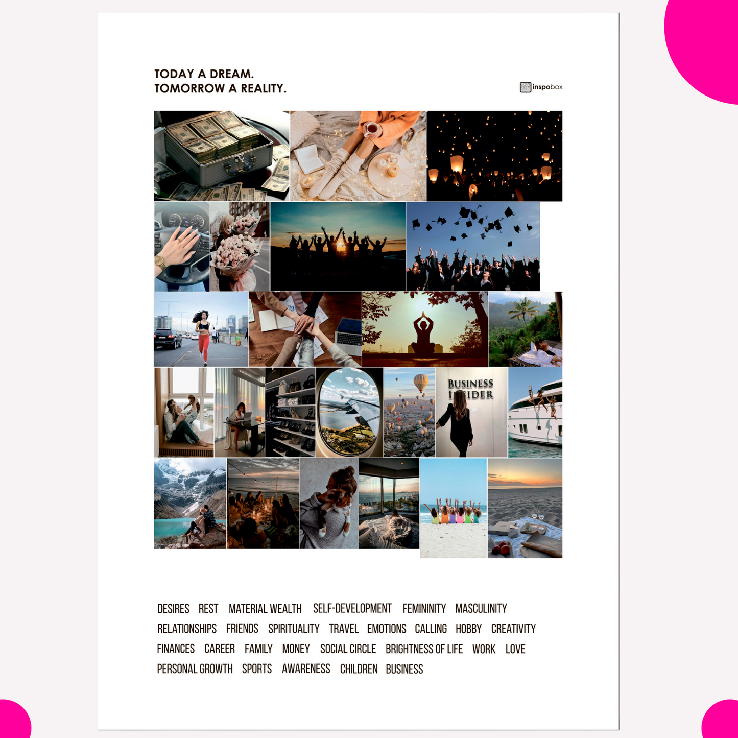 Ferdigsett: Inspobox™ VISION BOARD på Akrylglass | 500x370 mm (hvit) + 5 sett med klistremerker (116 klistremerker)