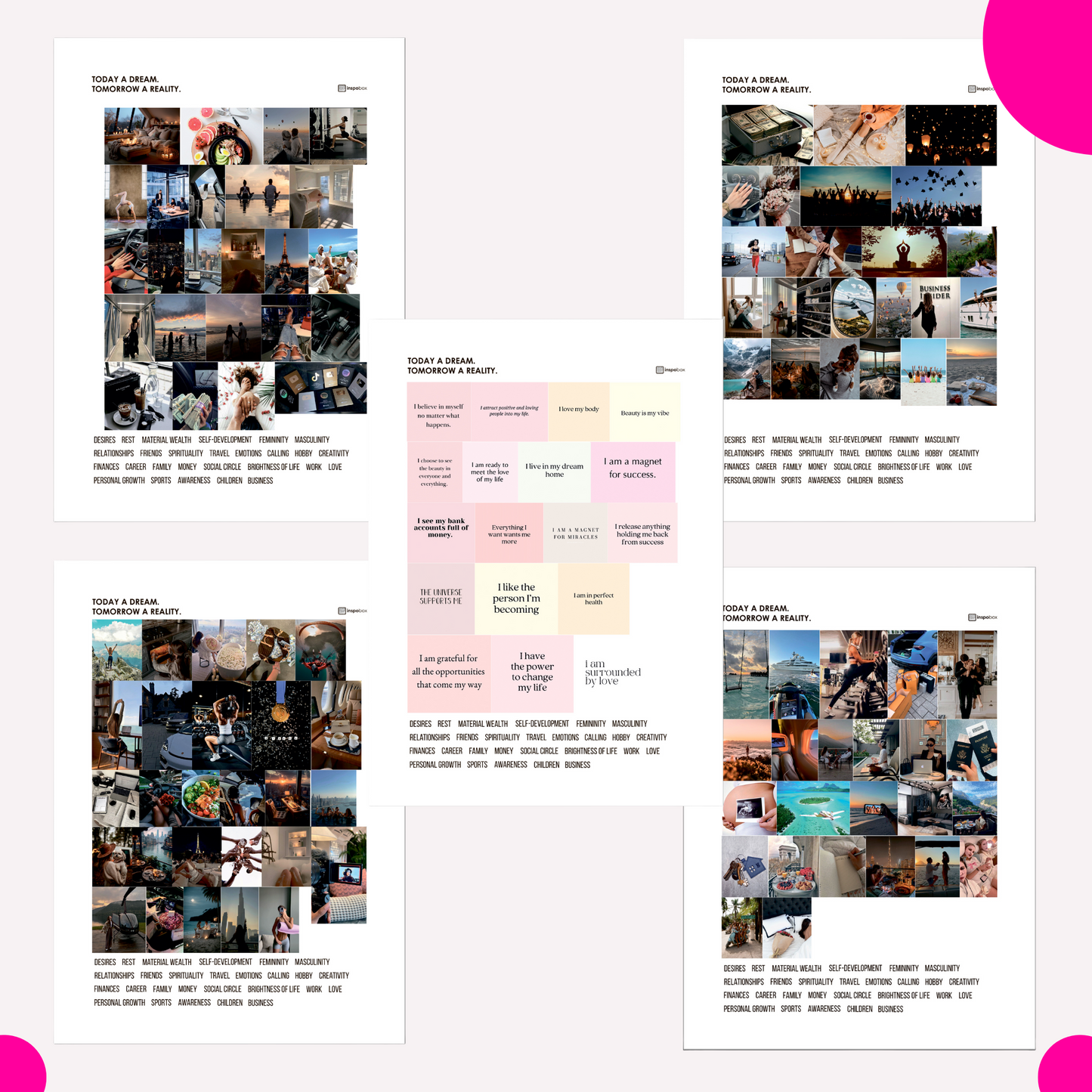 Ferdigsett: Inspobox™ VISION BOARD på Akrylglass | 500x370 mm (hvit) + 5 sett med klistremerker (116 klistremerker)