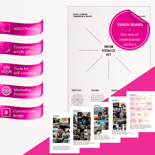 Ferdigsett: Inspobox™ VISION BOARD på Akrylglass | 500x370 mm (svart) + 5 sett med klistremerker (116 klistremerker)
