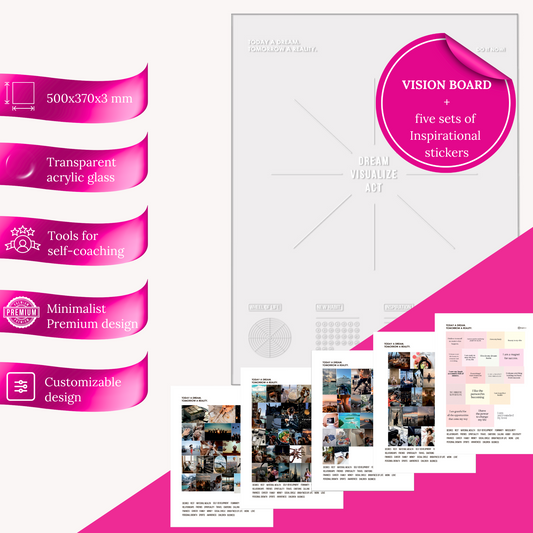 Ferdigsett: Inspobox™ VISION BOARD på Akrylglass | 500x370 mm (hvit) + 5 sett med klistremerker (116 klistremerker)