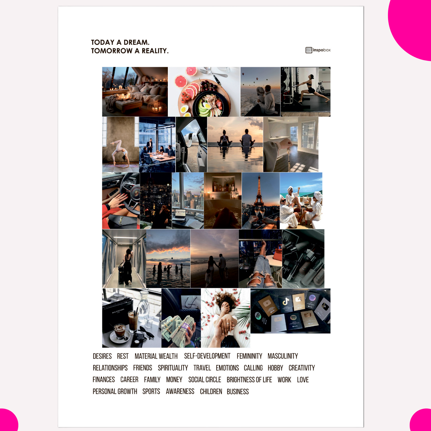Ferdigsett: Inspobox™ VISION BOARD på Akrylglass | 500x370 mm (hvit) + 5 sett med klistremerker (116 klistremerker)